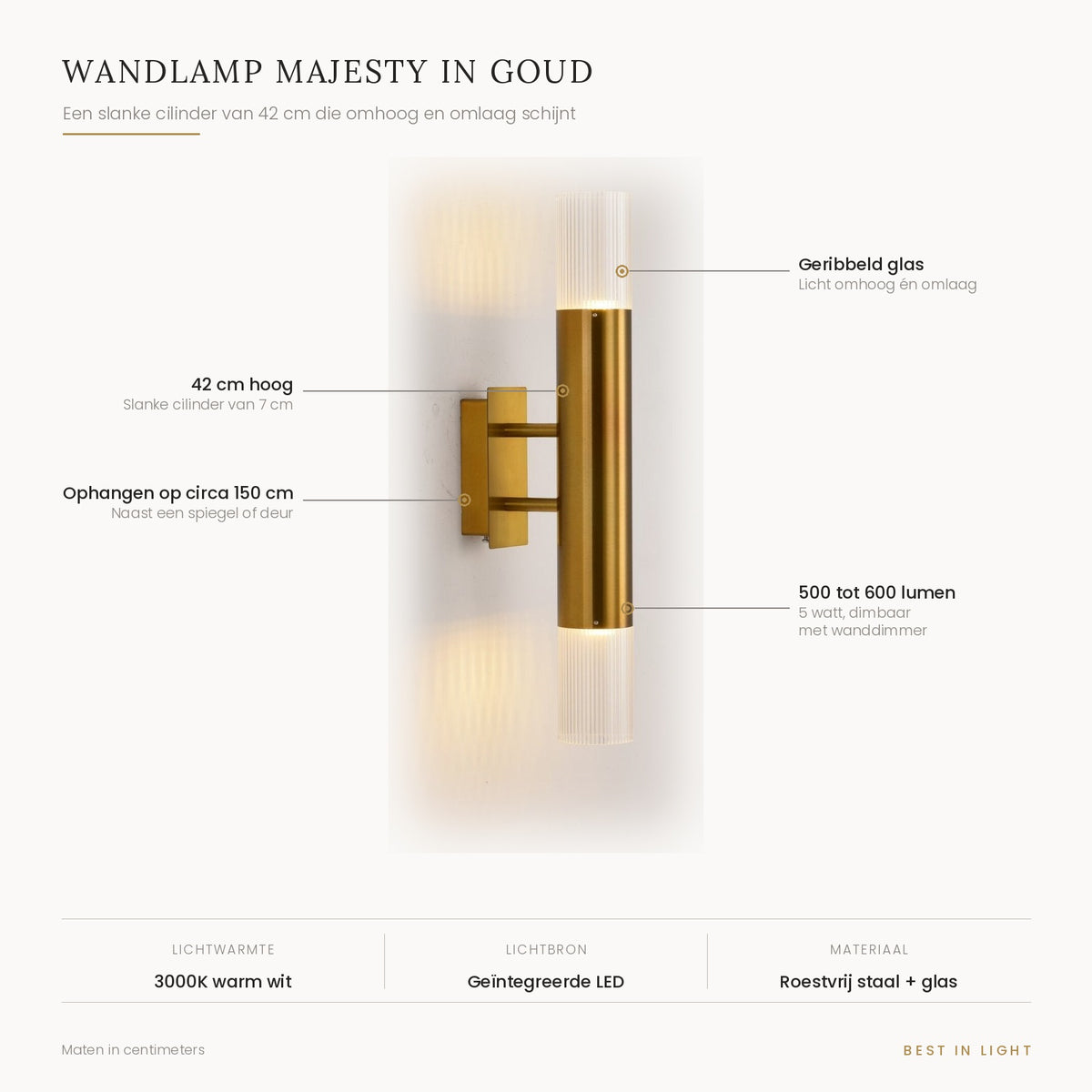 Wandlamp Majesty in goud met maten en kenmerken: slanke cilinder van 42 cm met geribbeld glas, licht omhoog en omlaag, 500 tot 600 lumen