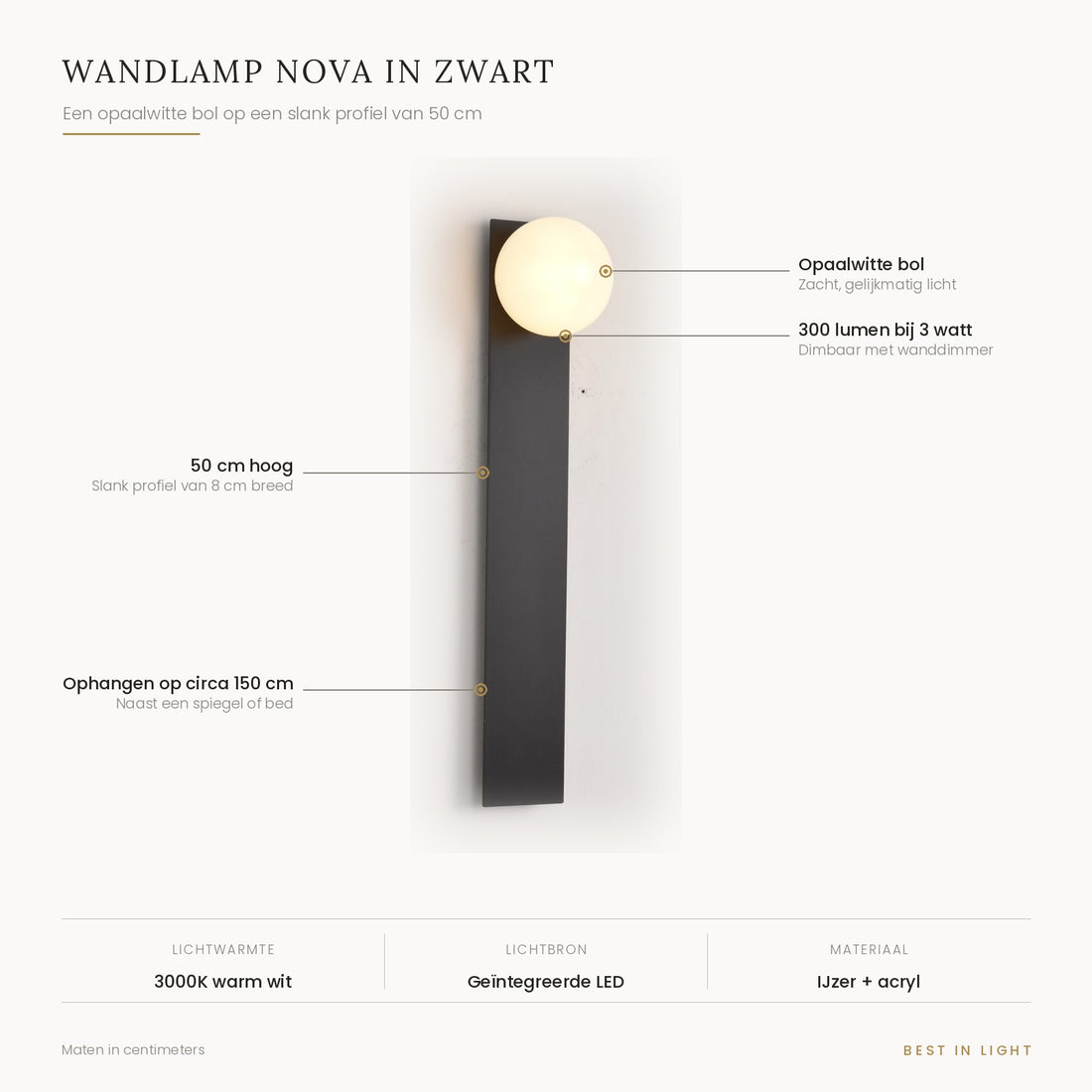 Wandlamp Nova in zwart met maten en kenmerken: opaalwitte bol op een slank profiel van 50 cm, 300 lumen bij 3 watt, dimbaar