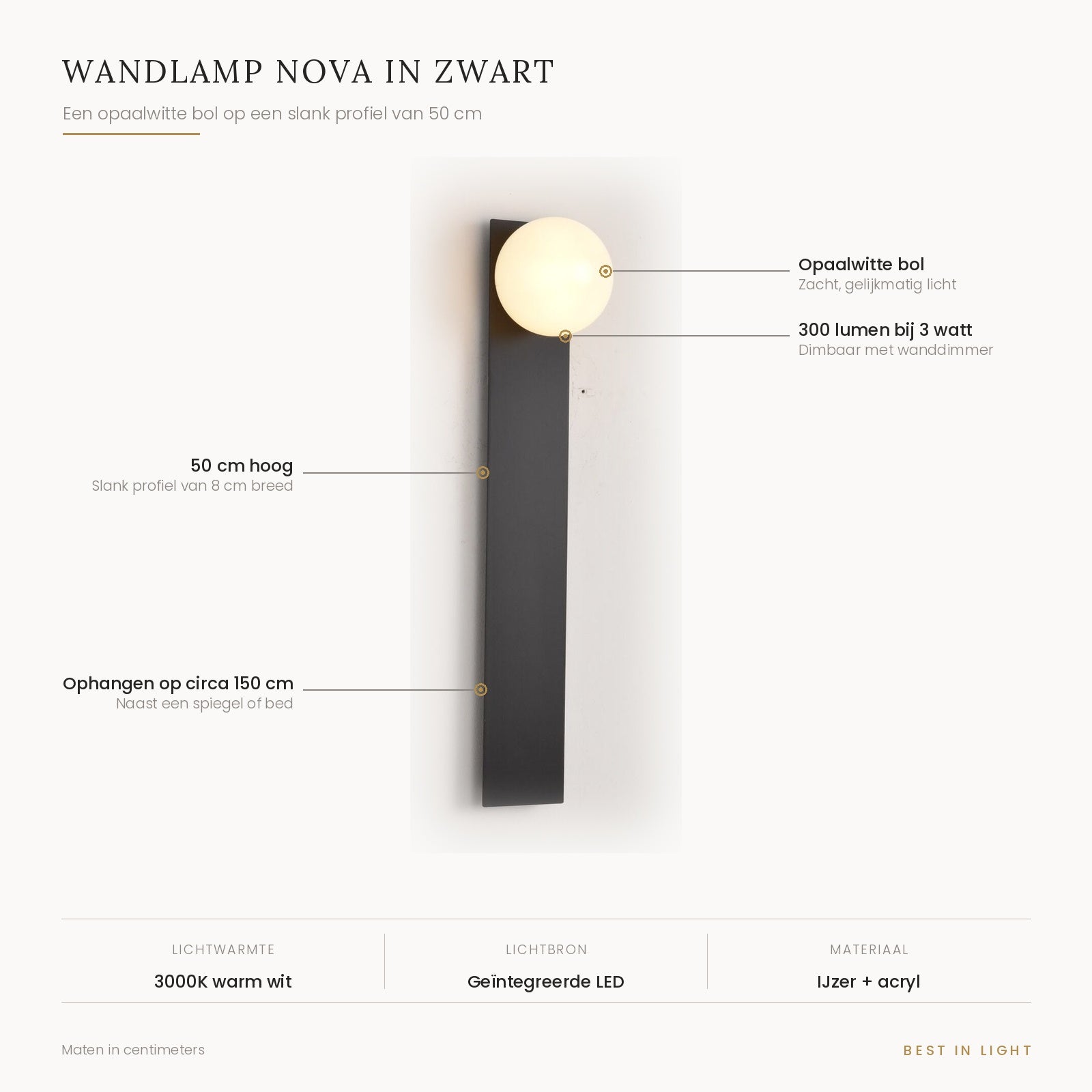 Wandlamp Nova in zwart met maten en kenmerken: opaalwitte bol op een slank profiel van 50 cm, 300 lumen bij 3 watt, dimbaar