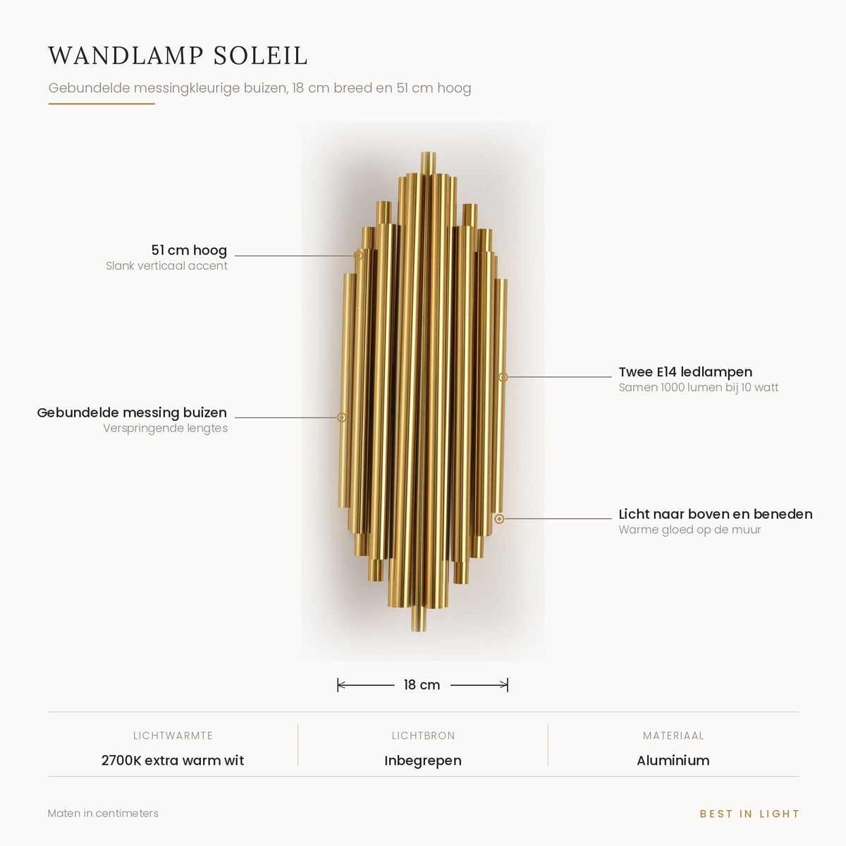Wandlamp Soleil met maten en kenmerken: gebundelde messingkleurige buizen, 18 cm breed en 51 cm hoog, twee E14 ledlampen samen 1000 lumen