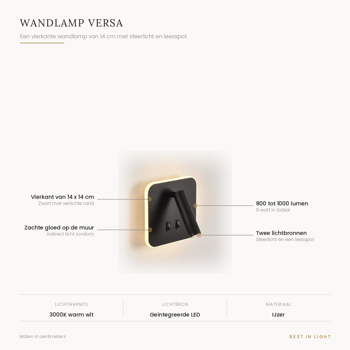Wandlamp Versa met maten en kenmerken: vierkante wandlamp van 14 cm met indirecte gloed en een leesspot, 800 tot 1000 lumen bij 9 watt