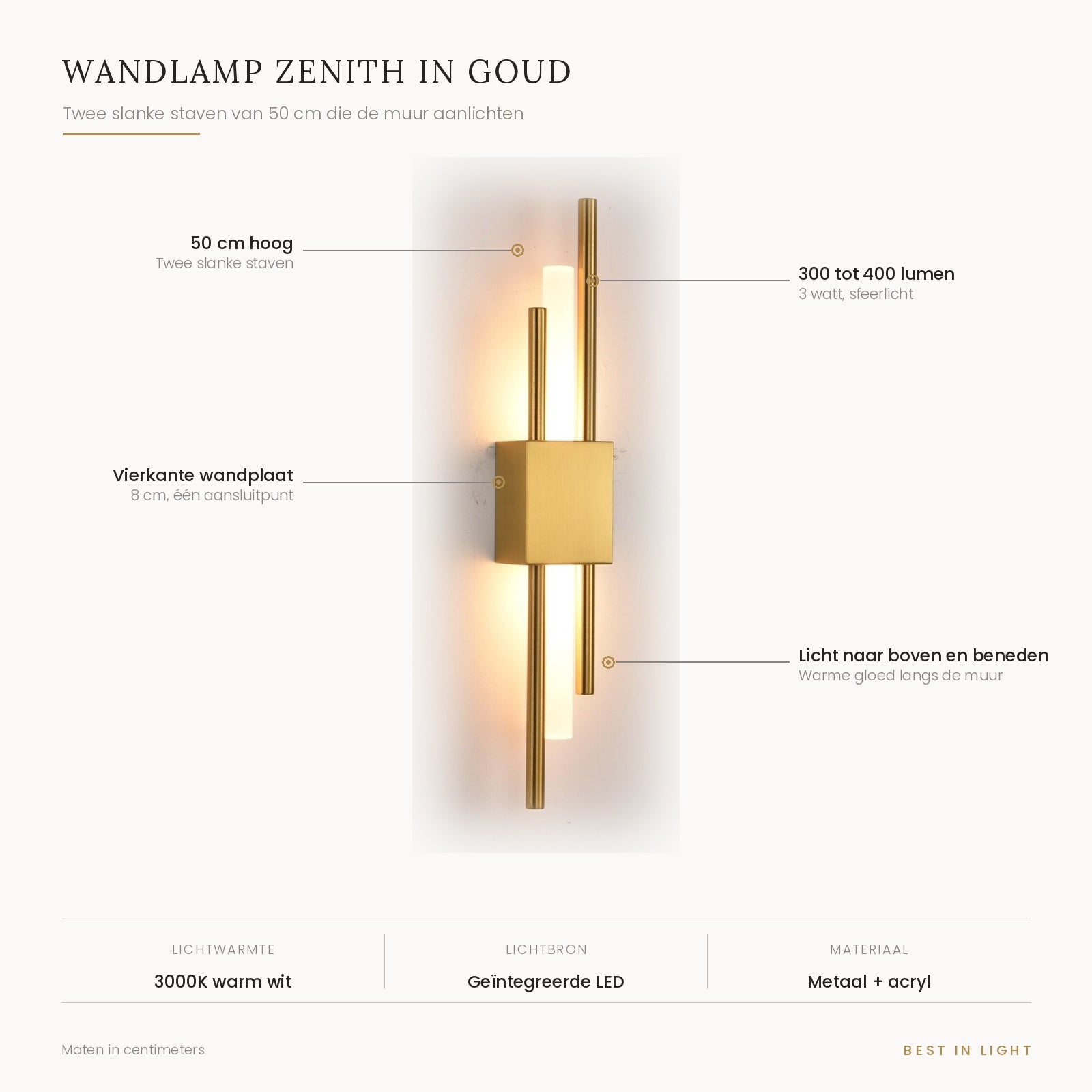Wandlamp Zenith in goud met maten en kenmerken: twee slanke staven van 50 cm, licht naar boven en beneden, 300 tot 400 lumen bij 3 watt