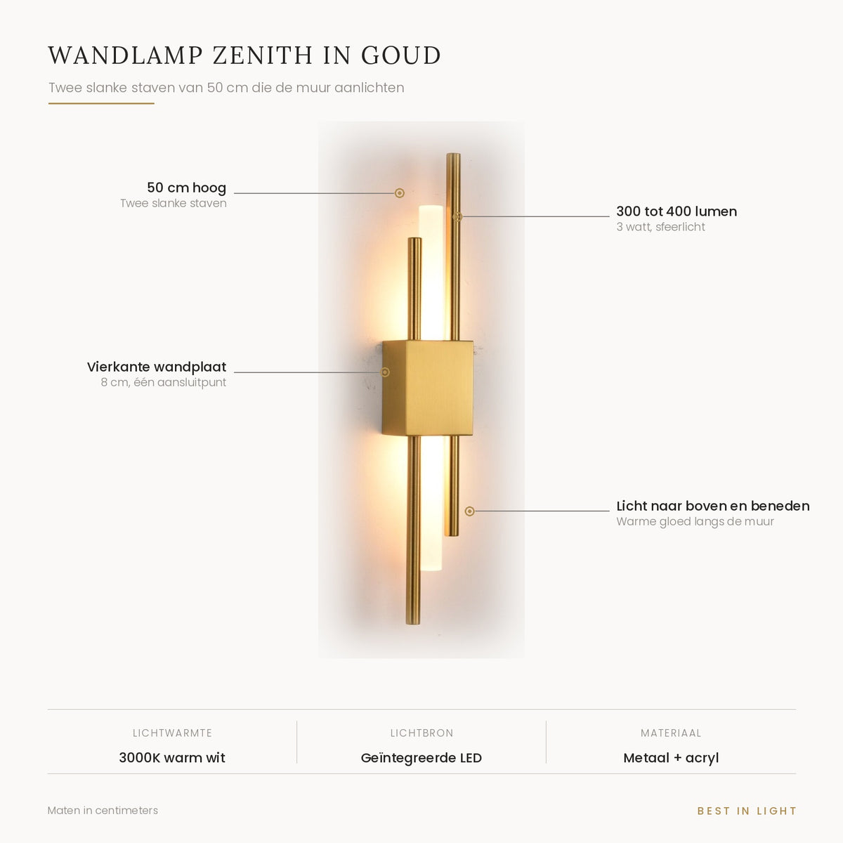 Wandlamp Zenith in goud met maten en kenmerken: twee slanke staven van 50 cm, licht naar boven en beneden, 300 tot 400 lumen bij 3 watt