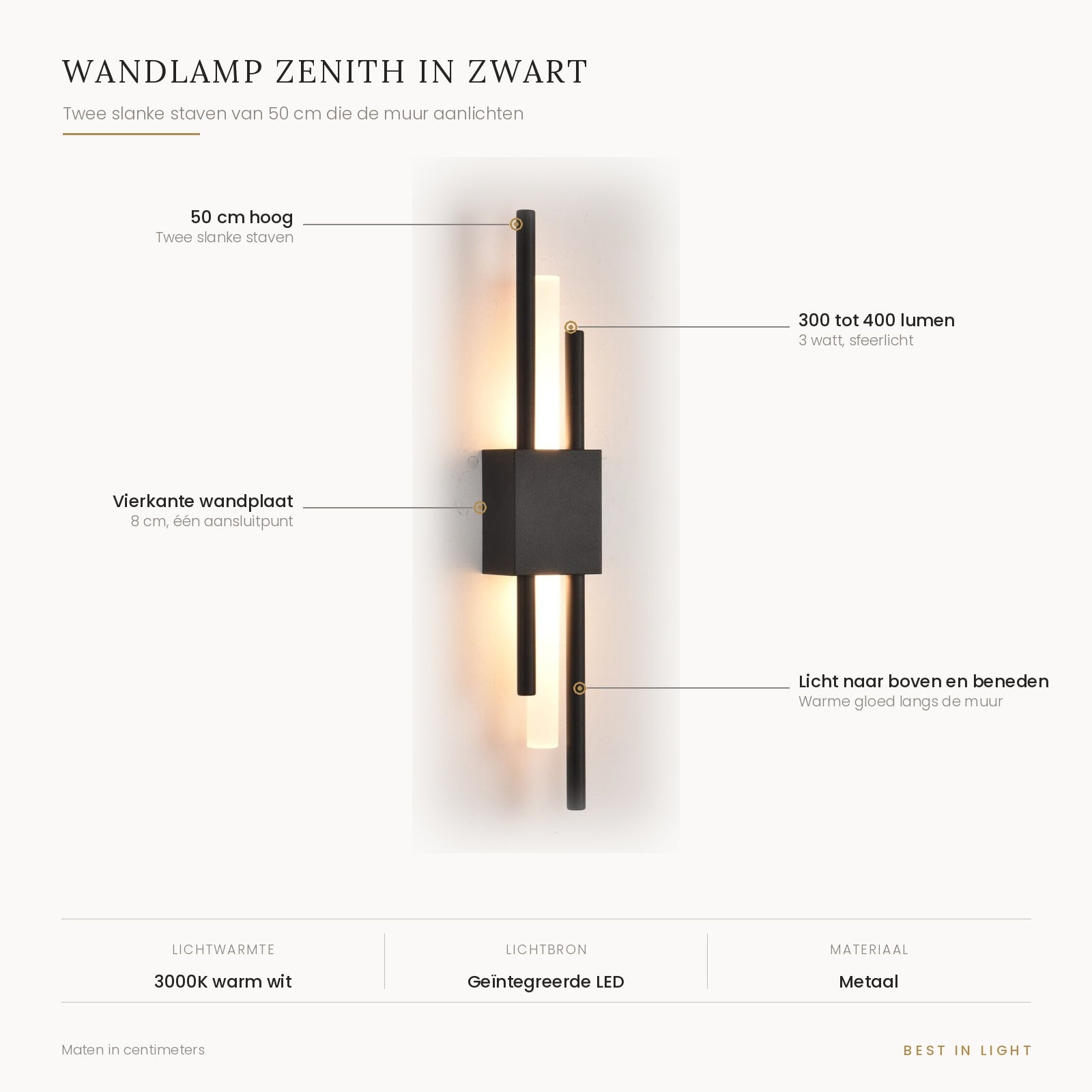 Wandlamp Zenith in zwart met maten en kenmerken: twee slanke staven van 50 cm, licht naar boven en beneden, 300 tot 400 lumen bij 3 watt